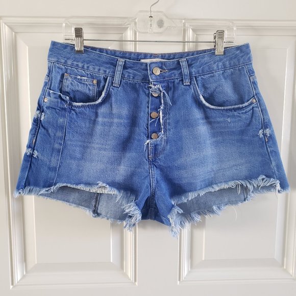 ZARA TRAFALUC High Rise Button Fly Frayed Denim Short SZ 8 - Picture 1 of 16